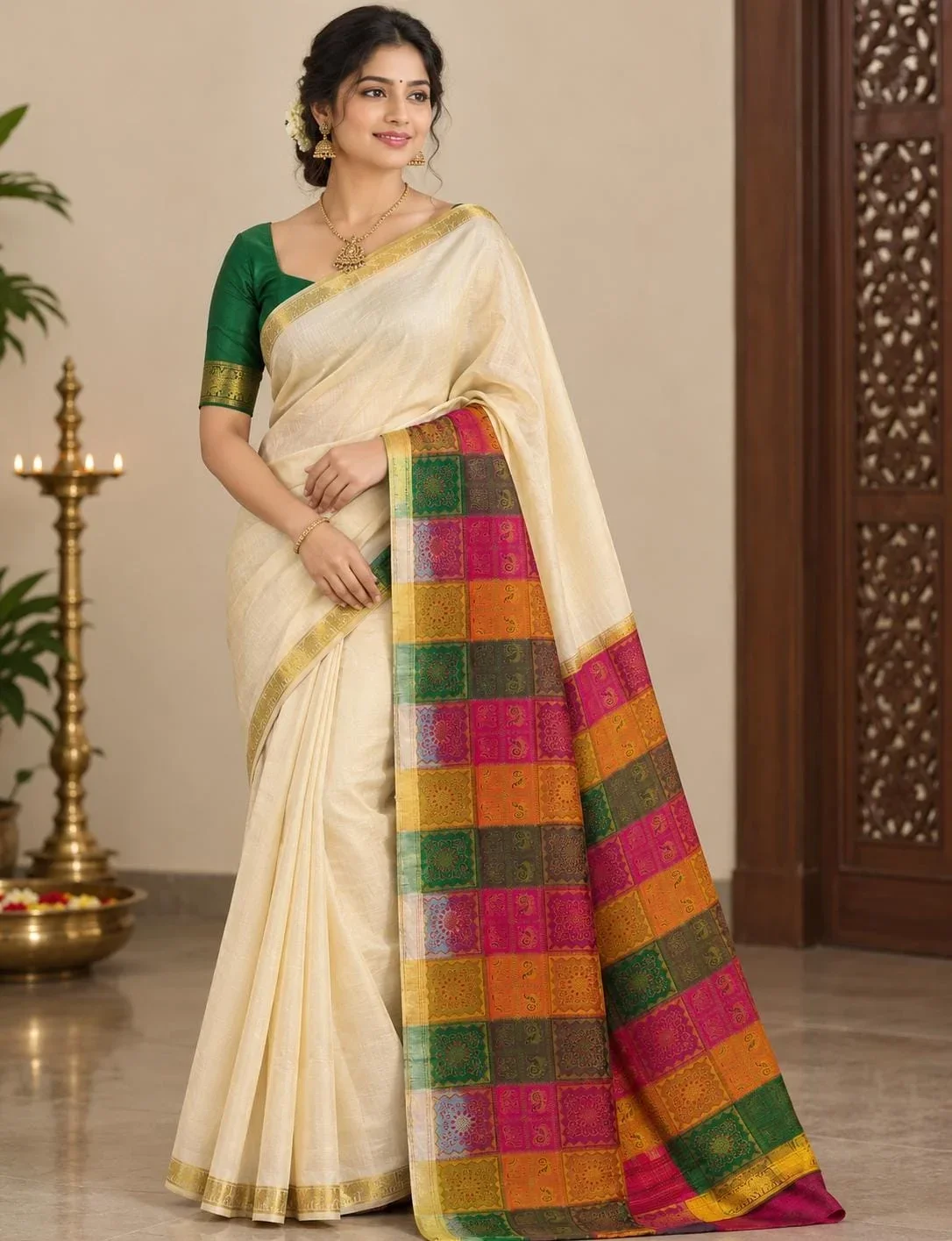 Cream and Gold with Multicolor Checked Kanchipuram Handloom Silk Saree